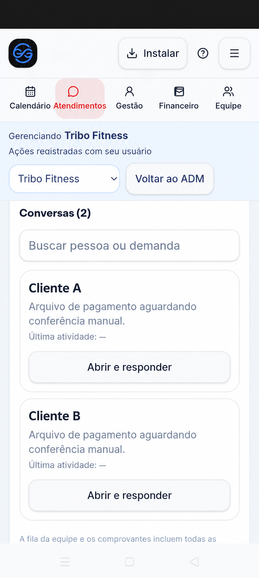 Atendimento do GG Me Agenda em uso na Tribo Fitness, com dados substituídos