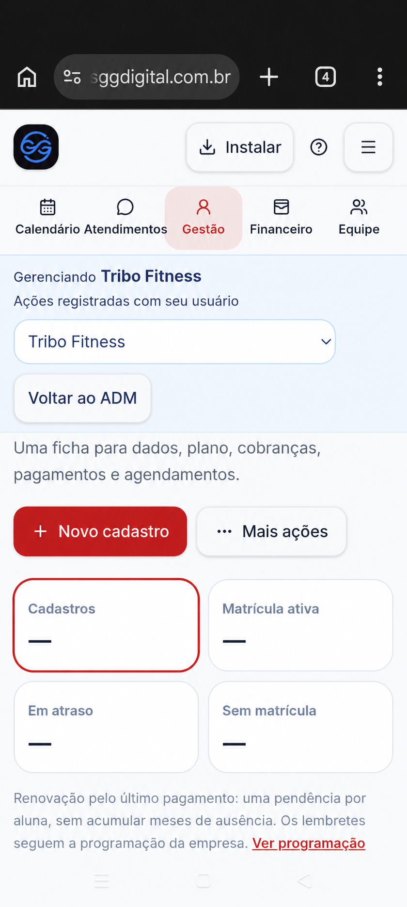 Gestão de pessoas do GG Me Agenda em uso na Tribo Fitness, com dados substituídos